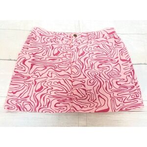 Y2K loveriche Skirt Pink Woman's Size L Swirl Geo Print Denim Mini‎ Pockets Vtg